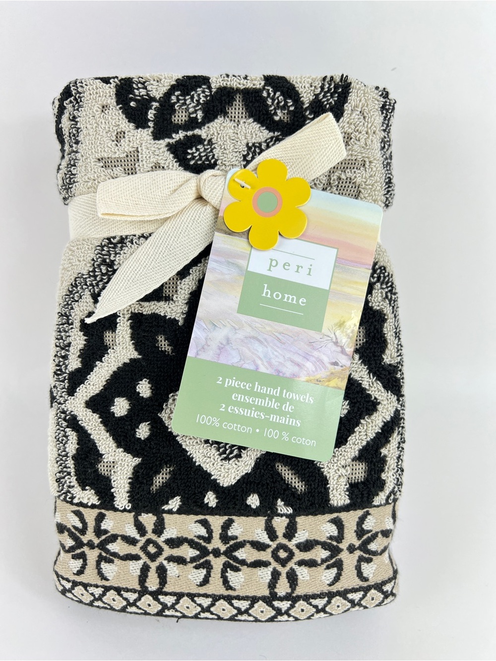 Peri Home Hand Towel Set Black Cream Floral Design 100% Cotton 2 Pc Set NEW